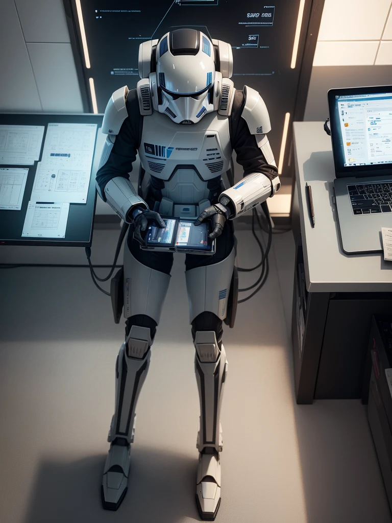 Someone holding a datapat in their hand, design schemes, from Star Wars, markings on the robot, found schematic in a notebook, sci fi data readouts.