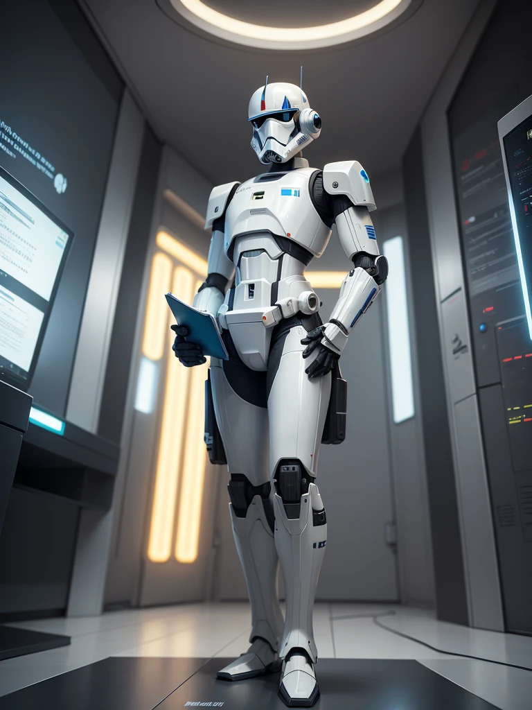 Someone holding a datapat in their hand, design schemes, from Star Wars, markings on the robot, found schematic in a notebook, sci fi data readouts.