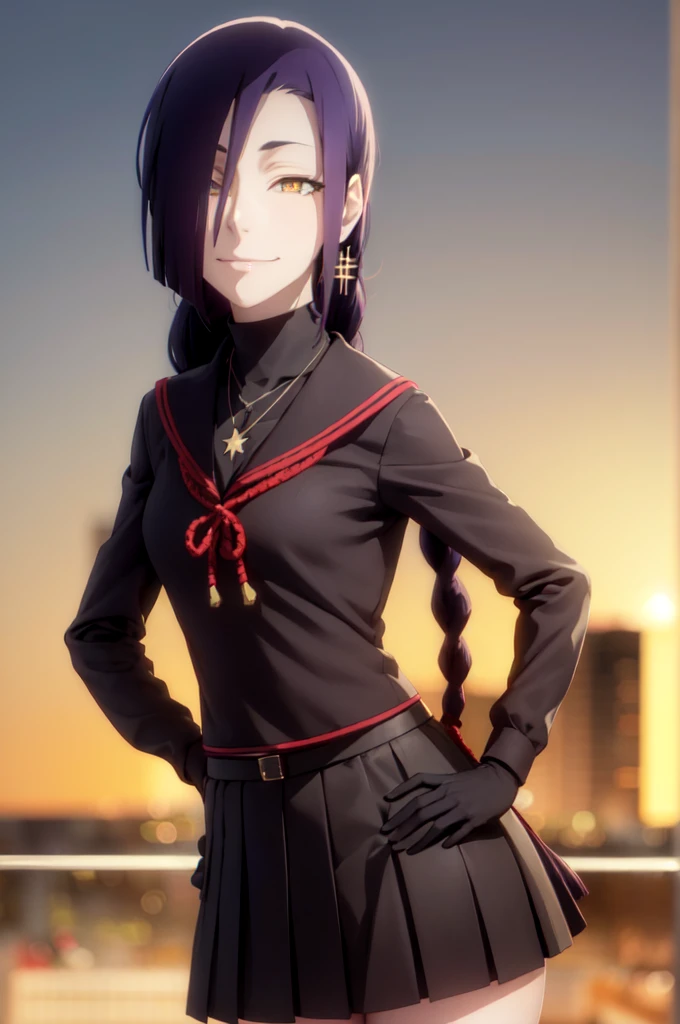 maganechikujouin, magane chikujouin, long hair, purple hair, braid, single braid, (hair over one eye:1.5), (yellow eyes:1.3), smile, grin,
BREAK skirt, thighhighs, gloves, jewelry, , earrings, serafuku, black gloves, black thighhighs, necklace, zettai ryouiki,
BREAK outdoor, city, night, sky, buildings, moon, clouds,
BREAK looking at viewer, (cowboy shot:1.5),
BREAK (masterpiece:1.2), best quality, high resolution, unity 8k wallpaper, (illustration:0.8), (beautiful detailed eyes:1.6), extremely detailed face, perfect lighting, extremely detailed CG, (perfect hands, perfect anatomy),