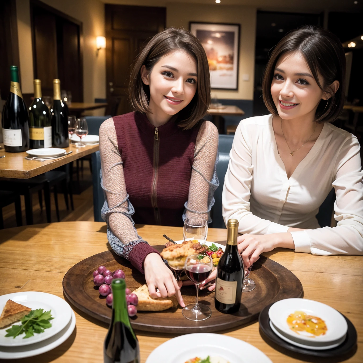 ((Highest quality、8K、masterpiece:1.3))、 (Ultra-realistic、 Genuine、Bright image、Intricate details:1.2), 最高のsmile、1 male 1 female、Slim Beauty、Beautiful couple、love love love、Lovers in Paris、Good friends、actress couple、smile、Full-course dinner at a packed table、 (Slim face), (the body is slim), (Brown Hair), (short hair), テーブルのwine glass、Please shine a light on my face、 Amazing view of the sunset sky and clouds、 years old 39 years old, red wine 、Appetizers、Wine bottle、sparkling wine、Long sleeve shirt、dress、White wine, red wine, wine glass,