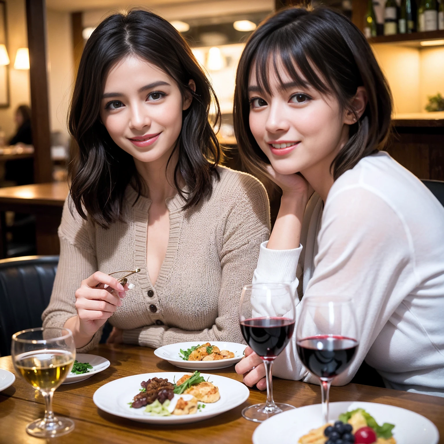 ((Highest quality、8K、masterpiece:1.3))、 (Ultra-realistic、 Genuine、Bright image、Intricate details:1.2), 最高のsmile、1 male 1 female、Slim Beauty、Beautiful couple、love love love、Lovers in Paris、Good friends、actress couple、smile、Full-course dinner at a packed table、 (Slim face), (the body is slim), (Brown Hair), (short hair), テーブルのwine glass、Please shine a light on my face、 Amazing view of the sunset sky and clouds、 years old 39 years old, red wine 、Appetizers、Wine bottle、sparkling wine、Long sleeve shirt、dress、White wine, red wine, wine glass,