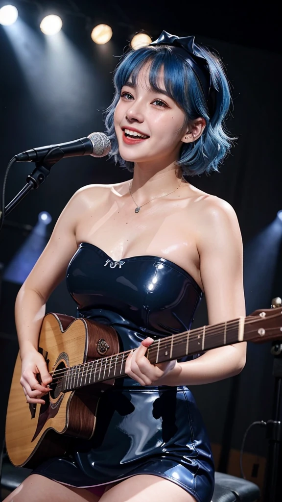 ((best quality)), photorealistic, photorealism, Photorealistic, high resolution, ((Wearing sexy pink lace dress, sexy dress, seductive dress))、smile、A superb beauty、Super cute、ennui、Rare beauty、Very Short hair、Black Dark Eyeshadow、Sad、white skin、pale skin, Very short hair layered、Dark Gothic Makeup、Cute Smile、Fragrant beauty、Stained glass background、Mastepiece、Best Quality、Refers to 5 books、Sweat glistening on my chest、Sweat glistening on my face、Medium breasts、Blue hair、Age 20 years old、Mysterious look、A sad expression、Blue Hair、Glamorous concert stage、enchanting castle、Sweating profusely all over the body、A lot of sweat and light on the thighs、Shiny thighs、Plenty of sweat glistening on the thighs、A large amount of sweat glistens on my thighs、Sweating profusely、Gal、Medium breasts、Beautiful face、Alluring expression、Sitting、Sitting playing guitar、Thick thighs、Playing guitar、I have a guitar、Sing a song enthusiastically、Playing guitar in a band、Rock band、Playing guitar chords、Live House Background、Sing a song、Open your mouth、Live house scenery、Mic stand、Glamorous live stage、Dynamic Angle、Cinematic lighting