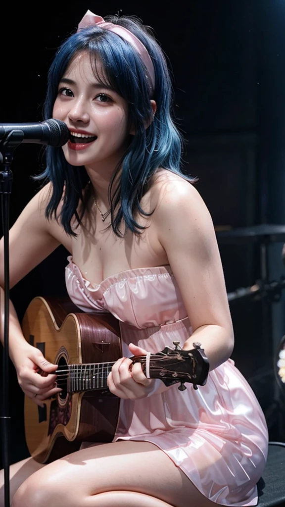 ((best quality)), photorealistic, photorealism, Photorealistic, high resolution, ((Wearing Pink Strapless latex dress, Headband))、smile、A superb beauty、Super cute、ennui、Rare beauty、Very Short hair、Black Dark Eyeshadow、Sad、white skin、pale skin, Very short hair layered、Dark Gothic Makeup、Cute Smile、Fragrant beauty、Stained glass background、Mastepiece、Best Quality、Refers to 5 books、Sweat glistening on my chest、Sweat glistening on my face、Medium breasts、Blue hair、Age 20 years old、Mysterious look、A sad expression、Blue Hair、Glamorous concert stage、enchanting castle、Sweating profusely all over the body、A lot of sweat and light on the thighs、Shiny thighs、Plenty of sweat glistening on the thighs、A large amount of sweat glistens on my thighs、Sweating profusely、Gal、Medium breasts、Beautiful face、Alluring expression、Sitting、Sitting playing guitar、Thick thighs、Playing guitar、I have a guitar、Sing a song enthusiastically、Playing guitar in a band、Rock band、Playing guitar chords、Live House Background、Sing a song、Open your mouth、Live house scenery、Mic stand、Glamorous live stage、Dynamic Angle、Cinematic lighting