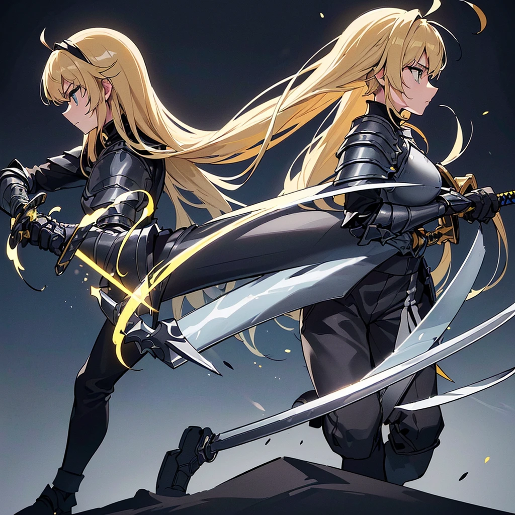 (((Solo)))、Highest quality, Best Quality、8K、(Full body character concept、detailed)、(((Gray simple armor、Black trousers、Black gloves))、(woman、18-year-old)、(Blonde、Long Hair)、(((kill、Grab the sword)))、(Glowing light background)、(Fighting stance, battle)、Dramatic Angle、(Blue and yellow aura)、(From the side、profile)