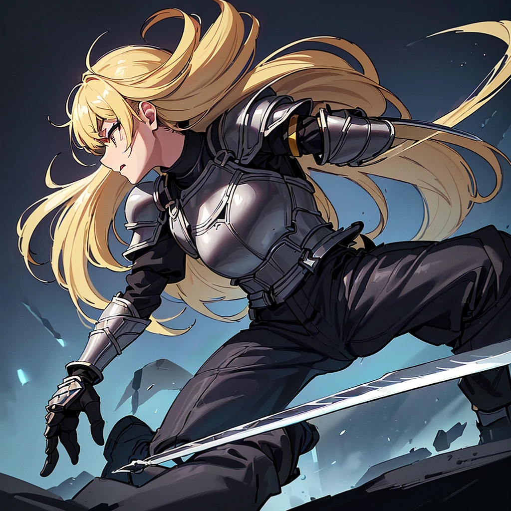 (((Solo)))、Highest quality, Best Quality、8K、(Full body character concept、detailed)、(((Gray simple armor、Black trousers、Black gloves))、(woman、18-year-old)、(Blonde、Long Hair)、(((kill、Grab the sword)))、(Glowing light background)、(Fighting stance, battle)、Dramatic Angle、(Blue and yellow aura)、(From the side、profile)