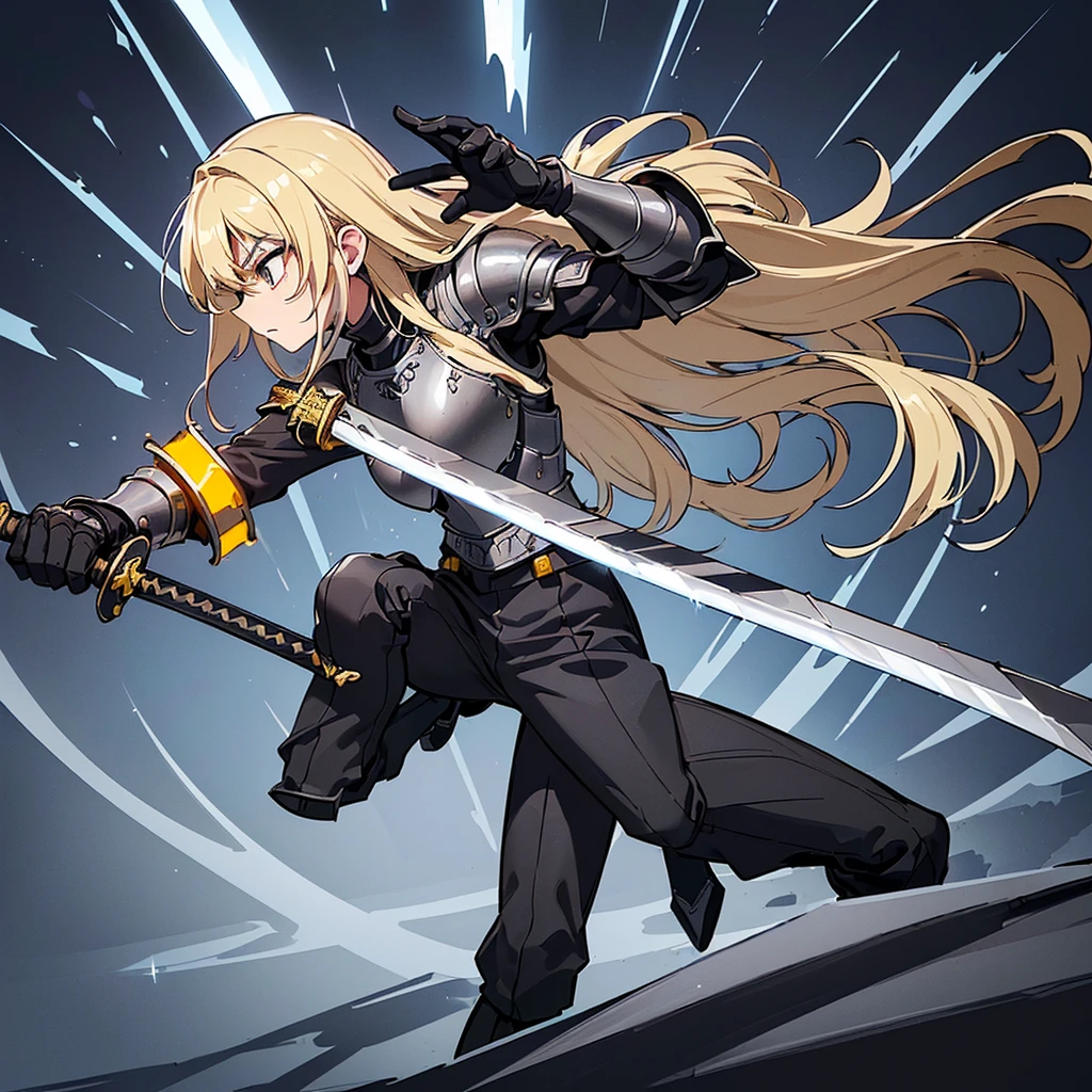 (((Solo)))、Highest quality, Best Quality、8K、(Full body character concept、detailed)、(((Gray simple armor、Black trousers、Black gloves))、(woman、18-year-old)、(Blonde、Long Hair)、(((kill、Grab the sword)))、(Glowing light background)、(Fighting stance, battle)、Dramatic Angle、(Blue and yellow aura)、(From the side、profile)