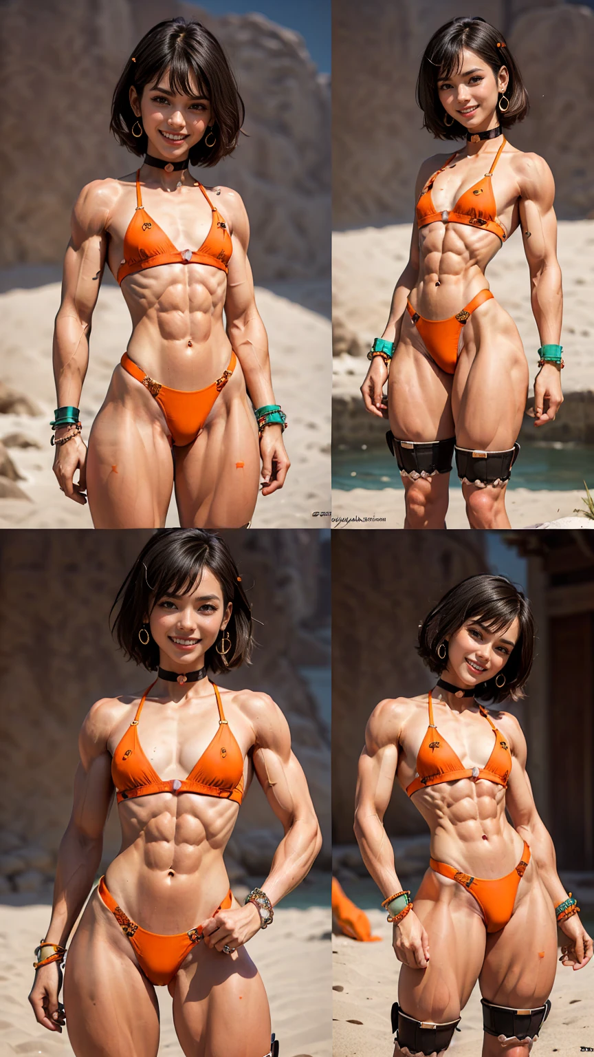 (Muscular:2.2), (thick thighs:1.9),
(asian female:1.4), (big smile:1.5), blunt bangs, short hair,
(flat chest:2.5),
(eyeshadow, lipstick, earrings), (bracelet, choker, orange bikini top, orange thong:1.5),
(looking at viewer), (three quarter view:1.3), (upper body view:1.8), (from behind),
rim lighting, detailed skin, detailed eyes, at the beach, two tone lighting