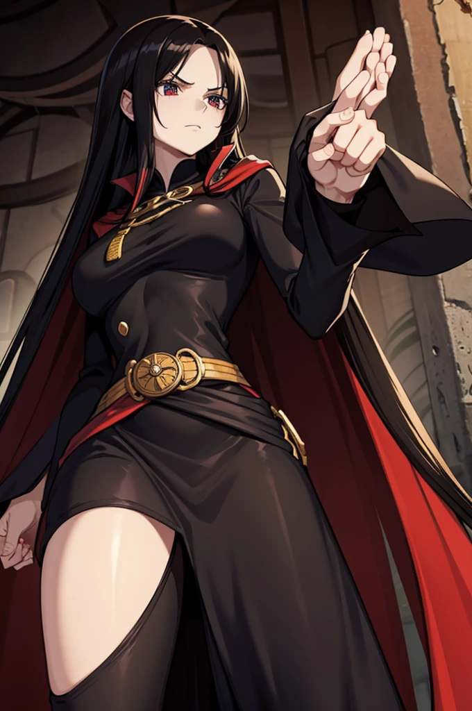 Tall long-haired woman wearing black cape and red clothing with closed fists 