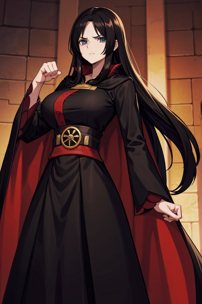 Tall long-haired woman wearing black cape and red clothing with closed fists 