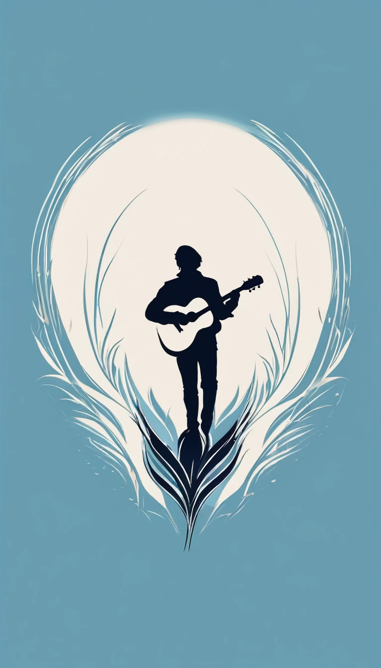 A minimal, modern, simple, cinematic logo design for the brand “Penamemoria". The logo design must be a simple, silhouette of a boy, standing up, playing acoustic guitar and fantasy feather by his side. The logo must convey a sense of music, stories, memories and dreams. Logo design impressed on a book cover. Minimalistic logo. Light blue, soft white and light golden as colors for the logo design