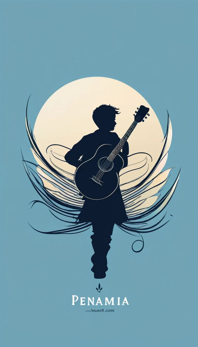 A minimal, modern, simple, cinematic logo design for the brand “Penamemoria". The logo design must be a simple, silhouette of a boy, standing up, playing acoustic guitar and fantasy feather by his side. The logo must convey a sense of music, stories, memories and dreams. Logo design impressed on a book cover. Minimalistic logo. Light blue, soft white and light golden as colors for the logo design