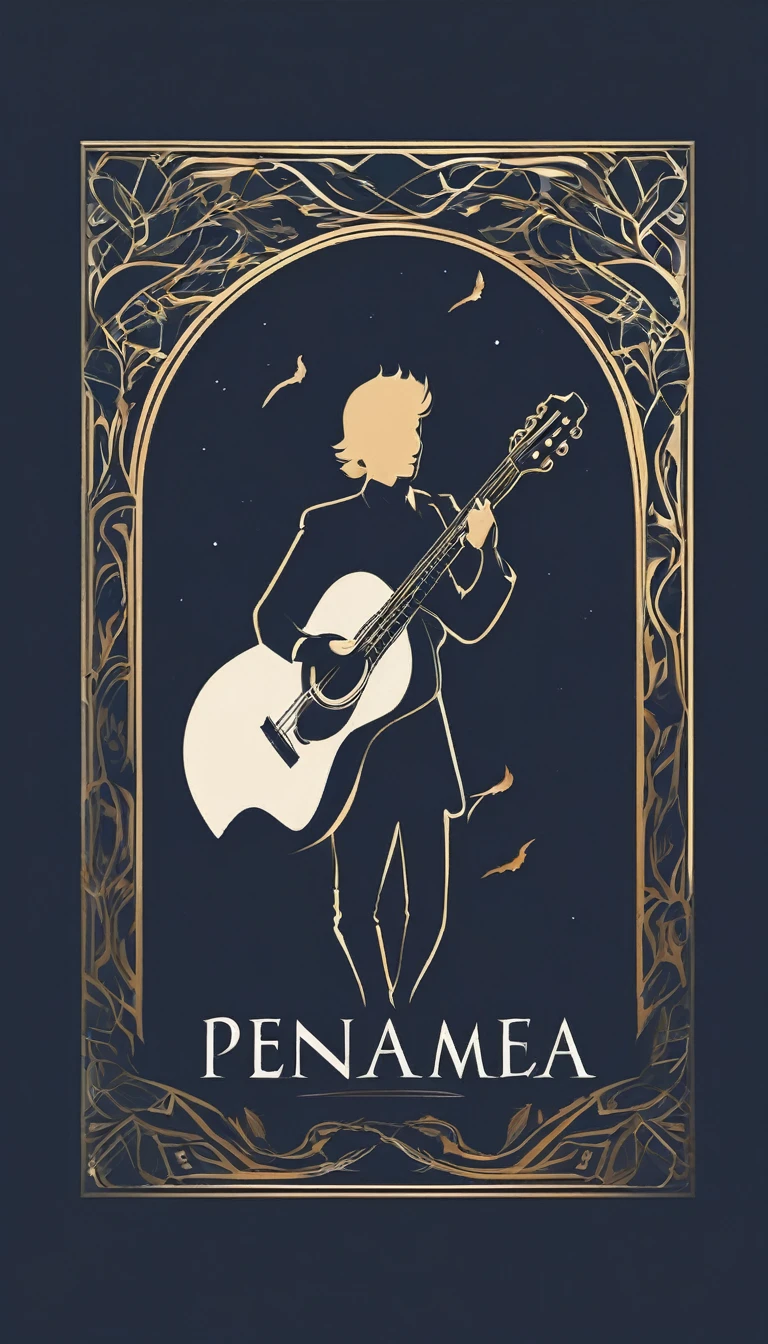 A minimal, modern, simple, cinematic logo design for the brand “Penamemoria". The logo design must be a simple, silhouette of a boy, standing up, playing acoustic guitar and fantasy feather by his side. The logo must convey a sense of music, stories, memories and dreams. Logo design impressed on a book cover. Minimalistic logo. Light blue, soft white and light golden as colors for the logo design