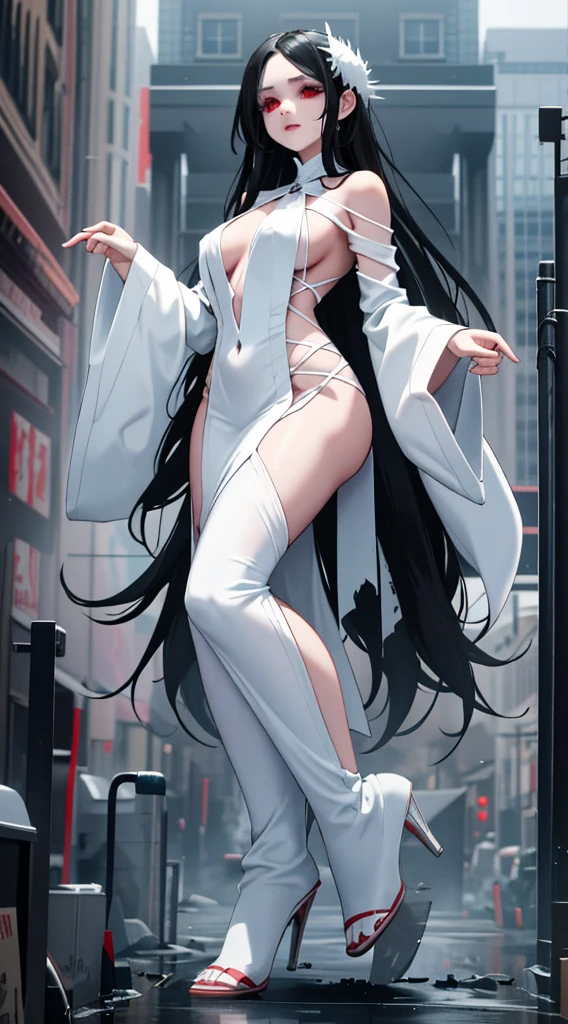 ((full body)), Beautiful ghost, peeling skin, ((black long hair)), pale glowing skin, enchanting and mysterious atmosphere, horror, cute, ((white ghost costume)),GtsGiga Gtscity,Rampage, Red eyes,plae skin,ghost like,sinster smrik,cityscape, fanasty, mature lady