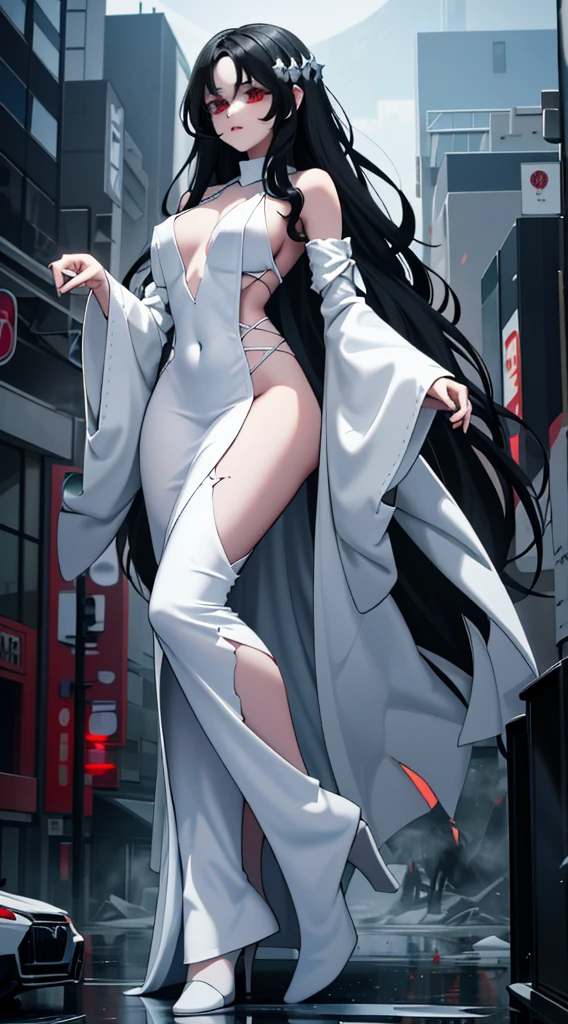 ((full body)), Beautiful ghost, peeling skin, ((black long hair)), pale glowing skin, enchanting and mysterious atmosphere, horror, cute, ((white ghost costume)),GtsGiga Gtscity,Rampage, Red eyes,plae skin,ghost like,sinster smrik,cityscape, fanasty, mature lady