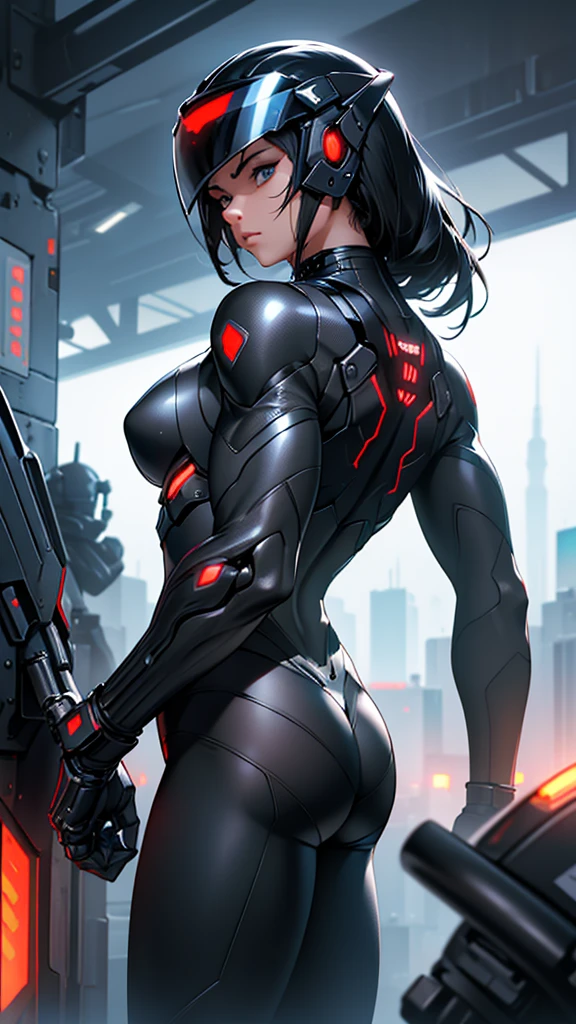 Beautiful cybernetic girl detailed muscles realistic masterpieces full figure pose (best quality,ultra-detailed), full cover cybernetic helmet, fit body, slim figure, narrow waist, large buttocks, wearing a full black carbon fiber cybernetic mobile battle suit, fighting pose