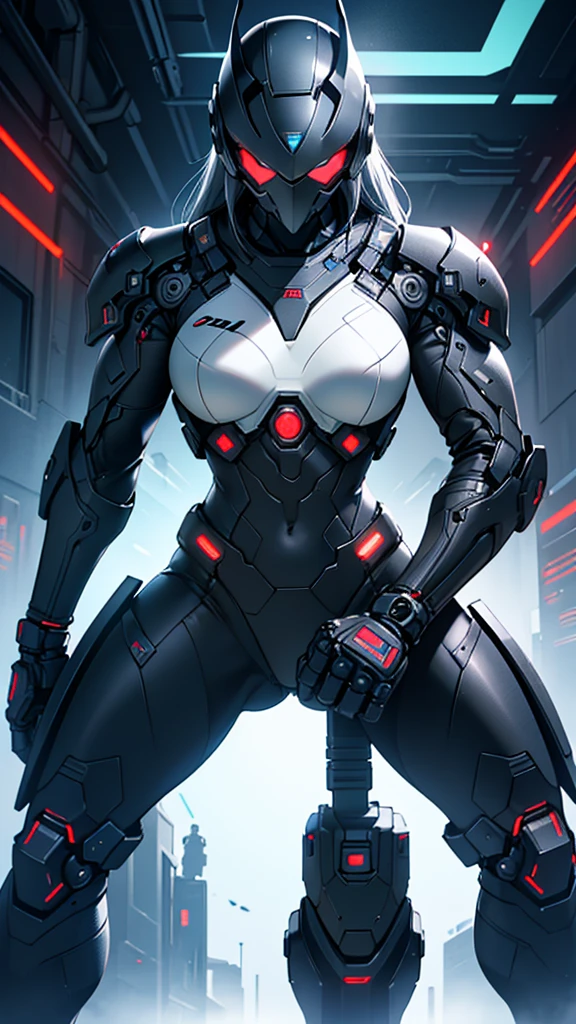 Beautiful cybernetic girl in black mobile cybernetic battle suit detailed muscles realistic masterpieces full figure pose (best quality,ultra-detailed), white-haired girl, vibrant blue eyes, long hair, fair skin, fit body, slim figure, narrow waist, large buttocks, (confident expression), black cybernetic battle spacesuit, space between thighs, confident facial expression