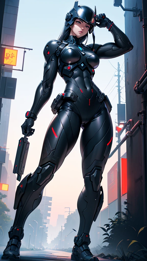 Beautiful cybernetic girl detailed muscles realistic masterpieces full figure pose (best quality,ultra-detailed), white hair in high ponytail, fair skin, fit body, slim figure, narrow waist, large buttocks, (cocky expression), wearing a full black carbon fiber cybernetic mobile battle suit, fighting pose