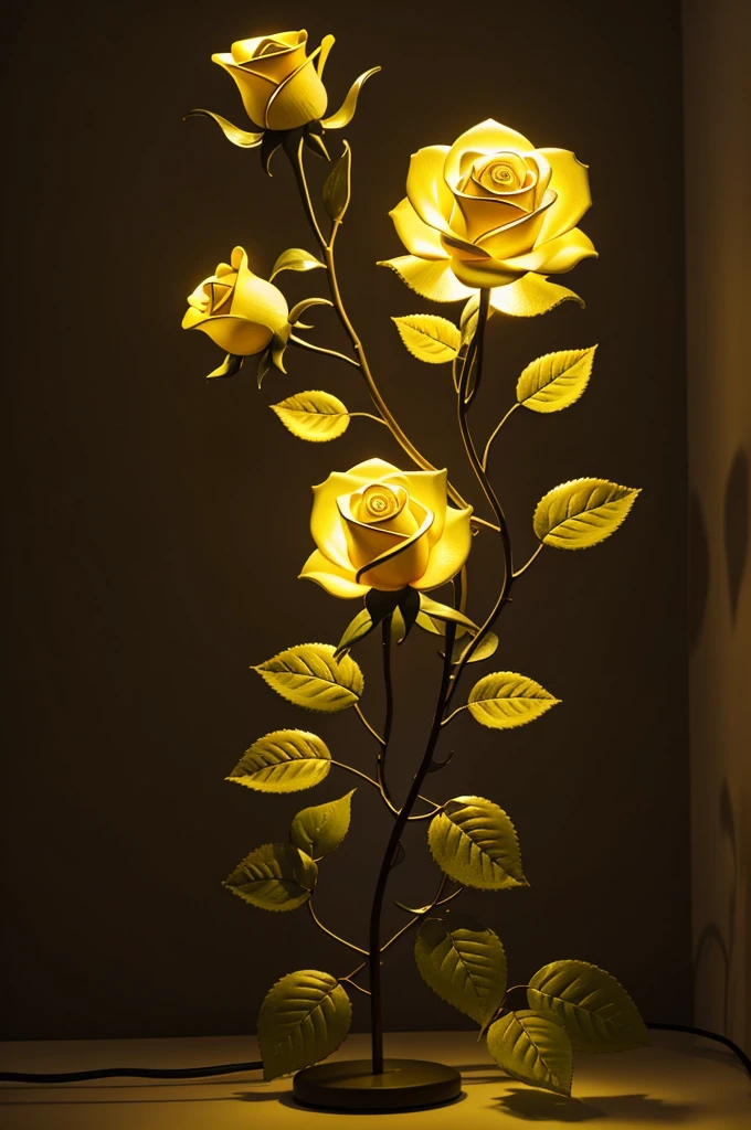 A sculpture in the shape of a rose branch with lighting with yellow color