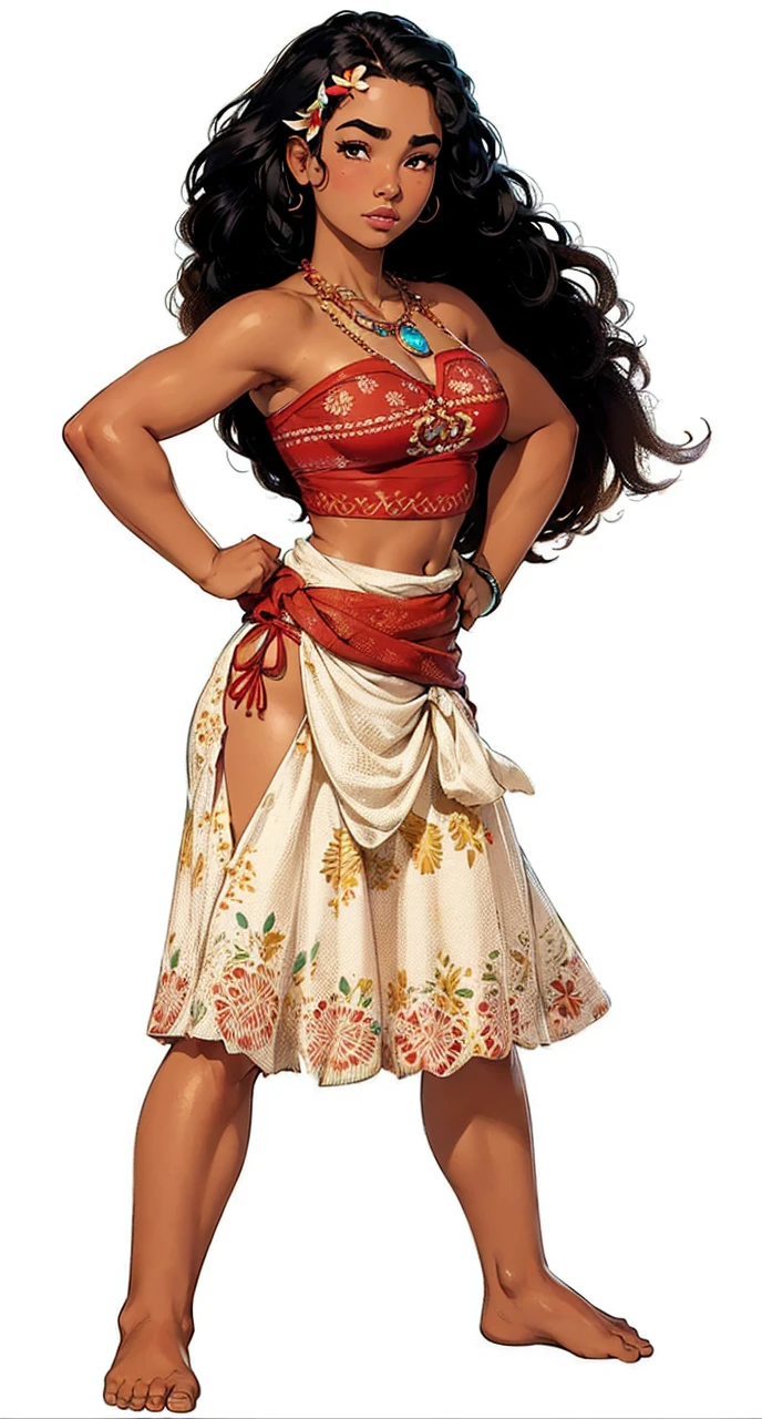 Create a high resolution full body image of Moana, Movie "Moana". Extremely Realistic, very beautiful, sexy, big ass, thick legs, sensual, She must be portrayed standing, confident, with her hands on her hips, showing a courageous and adventurous expression. Moana has long, wavy black hair, dark brown eyes, and an athletic build. She wears a red top with traditional Polynesian patterns and a cream skirt made of tapa fabric, decorated with intricate designs and floral prints. A red sash is tied around her waist. Her necklace features a blue gemstone. She is barefoot.