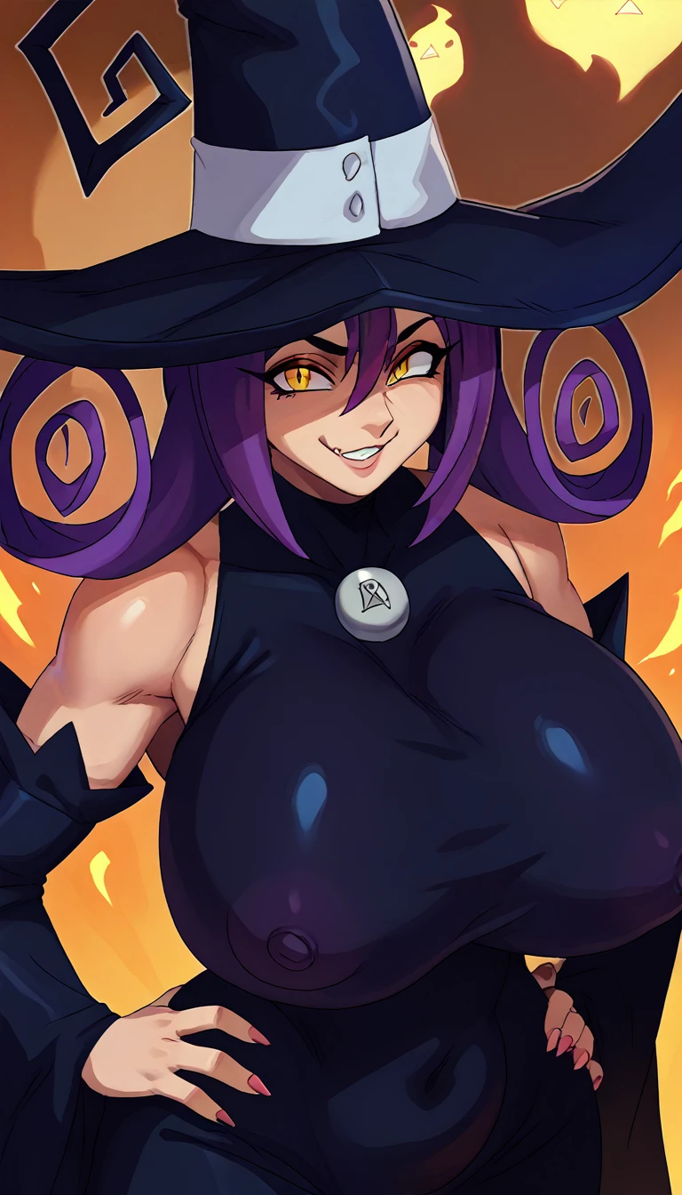 score_9, score_8_up, score_7_up, source_anime, solo, 1girl, breasts, mature female, seblair, witch hat, huge breasts, curvy, black dress, detached sleeves, smile, upper body, erect nipples, hand on hip,S2Z0n1c21.5XL style,