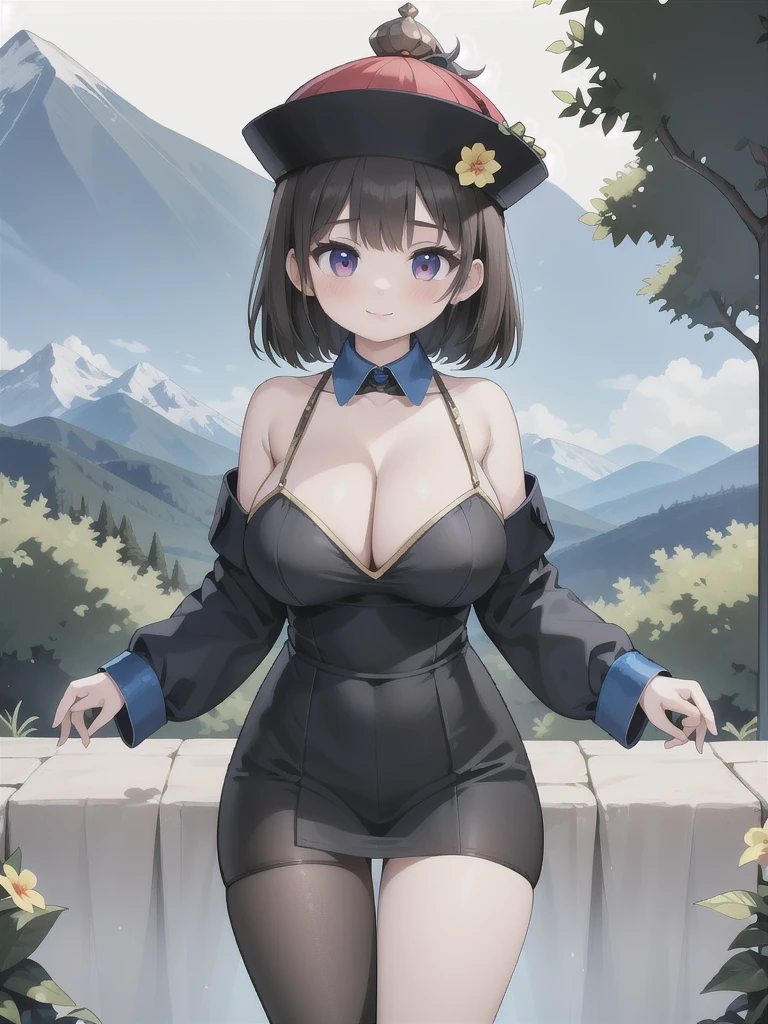 master-piece, bestquality, 1girls,, View viewers from front, HD, slight smile, big tits, cleavage, tights cloth, , tiny body, outdoor, mountain, arms forward, want to be hug,
