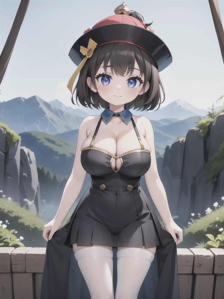 master-piece, bestquality, 1girls,, View viewers from front, HD, slight smile, big tits, cleavage, tights cloth, , tiny body, outdoor, mountain, arms forward, want to be hug,