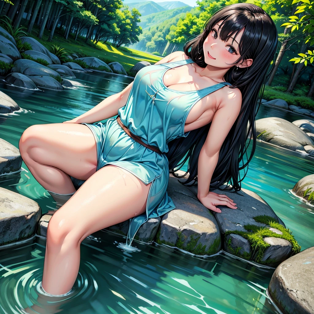 (NSFW、Erotic、sexy、Adult)、Set in a lush mountain landscape、Young woman enjoying nature by playing in a clear mountain stream(彼女はsexyな水着を着ています)。The scene is realistic anime style。The woman is wearing a tank top and shorts.、Standing in the shallows of a stream、Scoop up water with your right hand、Extend your left hand slightly for balance。She has a happy look on her face.。In the background、Mountains covered with green forests々々is drawn、wood々々々々A soft light shines between、It casts a warm, natural light on the scene.。The water in the stream is clear、I see rocks below me、The banks are lined with vibrant greenery and wildflowers.。The camera angle is slightly behind and above the woman.、It gives the scene depth and perspective.。When the sunlight hits the water surface, the woman、Gives hair a soft and lustrous look