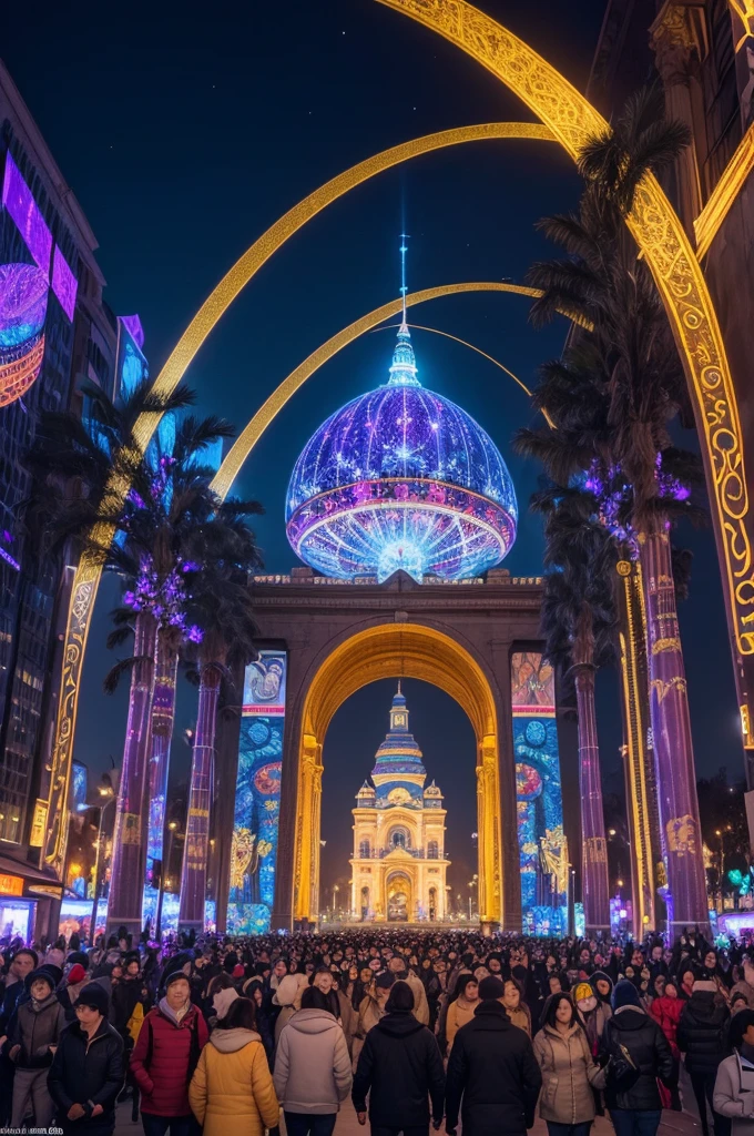 ((best quality)), ((masterpiece)), (detailed) An annual event where an entire urban area is decorated with incredible light installations, digital art projections and laser shows. The atmosphere is festive and charming, perfect for night walks.