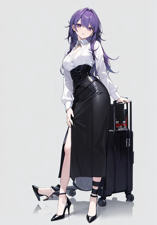 Purple super long Hair,Adult female,(suit),White Y-shirt,((Rolling up his sleeves)),(corset),(Black tight skirt),(High heels),Heels are visible,((Simple white background)),smile,((whole body)),((full body)),