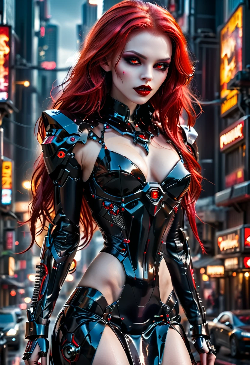 ((a photorealistic glamour shot of an exquisite, glamour mecha female vampire: 1.5)), ((full body: 1.3)), ultra feminine, pale face, red hair, long vibrant shiny hair, glamorous hair,  red eyes, miniatures mechanical , deep penetrating eyes, red lips, ??????? lips, ((two visible vampiric fangs: 1.5), drops of blood dripping from the mouth, ((cyberpunk style: 1.5)), she wears (black elegant glamour dress, with small delicate mechanical parts: 1.4), digital parts,  intricate details, the dress is studded with diamonds, tight suit, dynamic color, high heels, cyberpunk street at night background, (highest quality:1.2, Very detailed, up to date, Vibrant, Ultra-high resolution, High Contrast, masterpiece:1.2, highest quality, Best aesthetics), best details, best quality, highres, ultra wide angle, 16k, [ultra detailed], masterpiece, best quality, (extremely detailed), Genetically modified..., Cinematic Hollywood Film, mecha