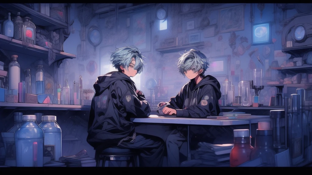 1boy,20th Generation、Highest quality、Masterpiece、Official Art、Detailed eyes、The best dynamic composition、Light blue hair color、The boy is a university student、hoodie、Black trousers、sneakers、Researching in the laboratory、Cowboy Shot、