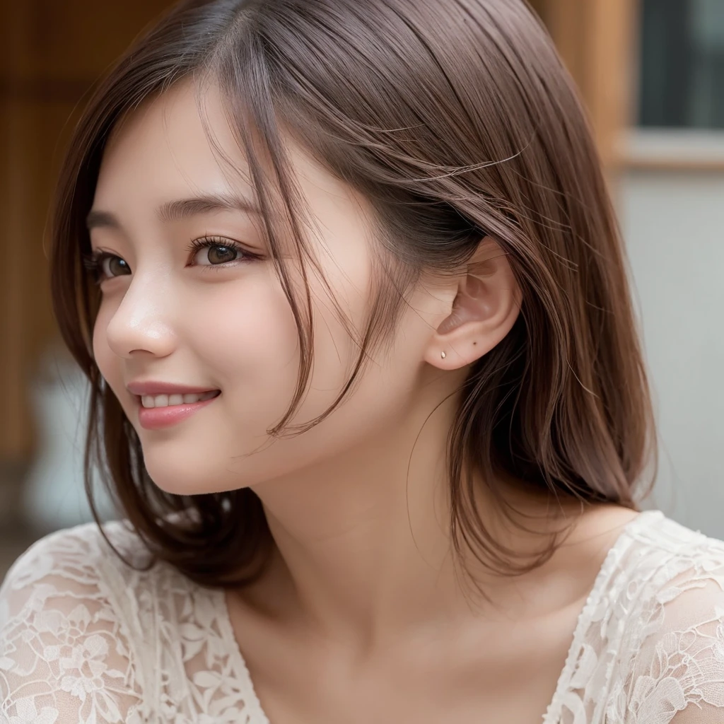 (8k, RAW photo, best quality, masterpiece:1.2), (realistic, photo-realistic:1.4), (extremely detailed 8k wallpaper), Japanese 20 age woman,(random hairstyles, Huge breasts :1.2),Ultra-detailed face, Detailed eyes, Double eyelid, Full body shot, casual dress,coffee shop,Cheeky Smile