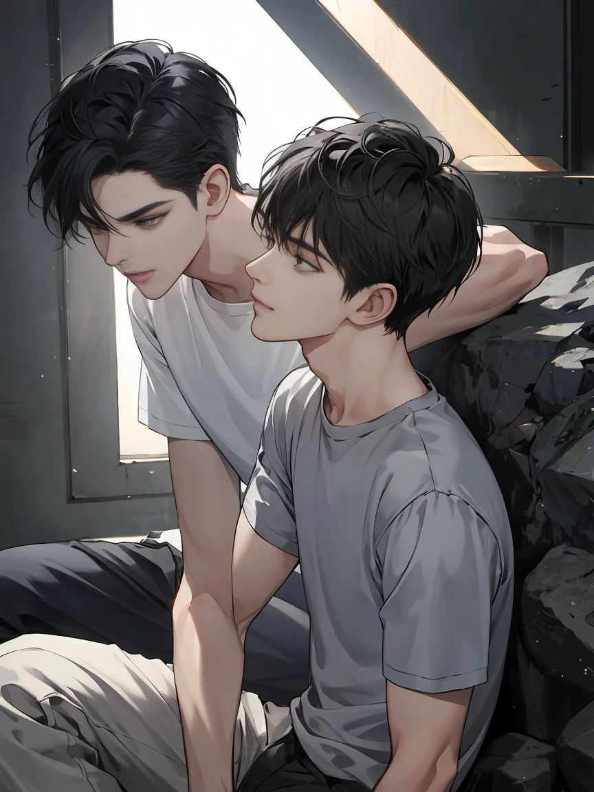 modern, anime style, chiaroscuro, UHD, masterpiece, anatomically correct, textured skin, high details, super detail, best quality, (extreamly delicate and beautiful:1.2), 8K, (tmasterpiece, best:1.0), One male that very short black hair, short black Quiff hair with Soft Fringe, bangs part on side 5:5 ratio, wearing a loose rock-style grey and blackShort sleeve, thin, (sports style), Looking to the right, displaying a sly smile, Korean illustration style.