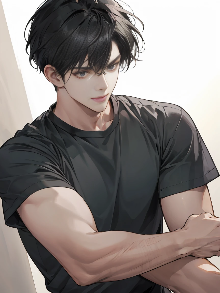 (Best quality,4K,8K,a high resolution,masterpiece:1.2),ultra detailed,(realistic,photorealistic,photo-realistic:1.37),39 year old man,Beautiful anime,portraits,strong,masculine,dark hair,Sharp jawline,Mesmerizing eyes,Perfectly styled hair,confident expression,bright colors,dynamic lighting,Brown eyes,(Black T-shirt),(tanned skin),((mature man, man 40 years old)),(square jaw)