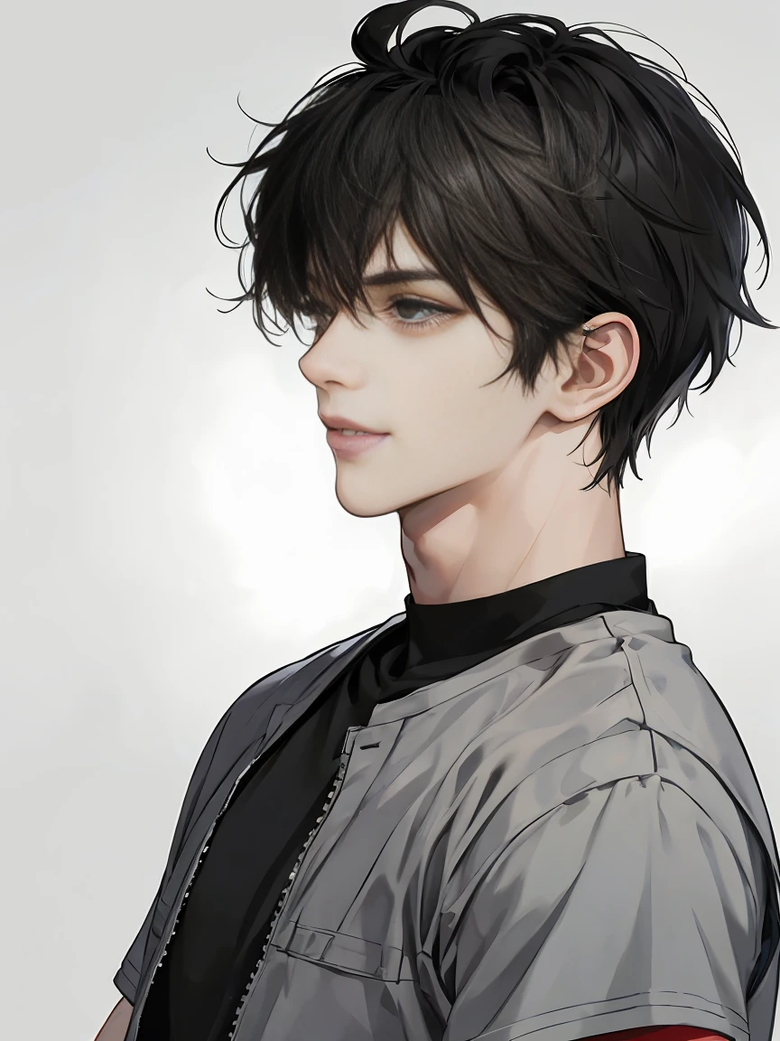 modern, anime style, chiaroscuro, UHD, masterpiece, anatomically correct, textured skin, high details, super detail, best quality, (extreamly delicate and beautiful:1.2), 8K, (tmasterpiece, best:1.0), One male that very short black hair, short black Quiff hair with Soft Fringe, bangs part on side 5:5 ratio, wearing a loose rock-style grey and blackShort sleeve, thin, (sports style), Looking to the right, displaying a sly smile, Korean illustration style.