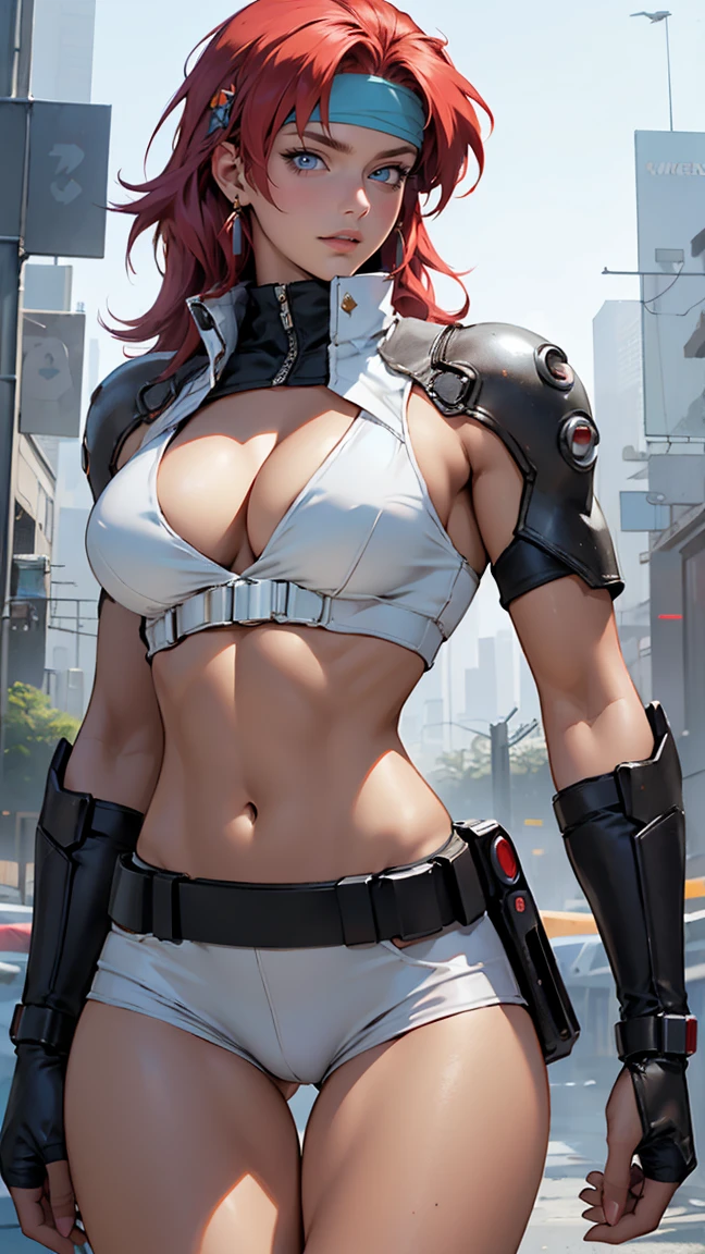 ((Masterpiece, highest quality; 1.3)), super quality, beautiful detail, super detailed, extra fine, 16K, exquisite, absurd, high resolution, beautiful background, detailed background, beautiful eyes, beautiful skin, anime style, Kay from Dirty Pair in a white outfit, tight outfit, cleavage, bushy redhead beauty, very light blue uniform, wearing tight clothes, skimpy, (mid chest: 1.2), cleavage, cleavage, slim waist , thin waist, slim thighs, thin legs, slim legs. thigh gap, showing stomach, skinny, thin hips, cyberpunk city background, holding retro space gun , headband, 