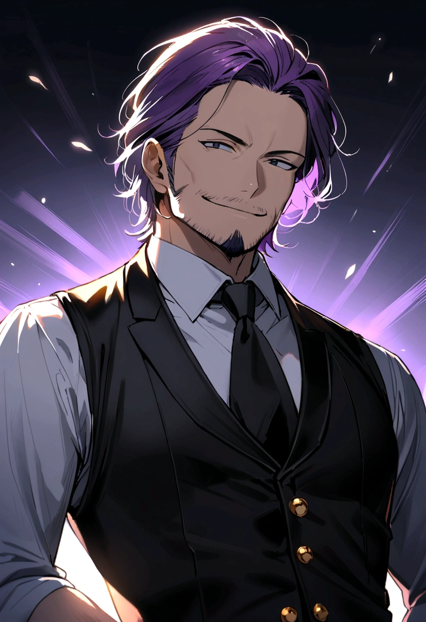 40 years old man, short purple hair parted in two, black eyes, sly eyes, smiling mouth, black goatee and beard, wearing black long-sleeved vest, white shirt, black tie, gold buttons.