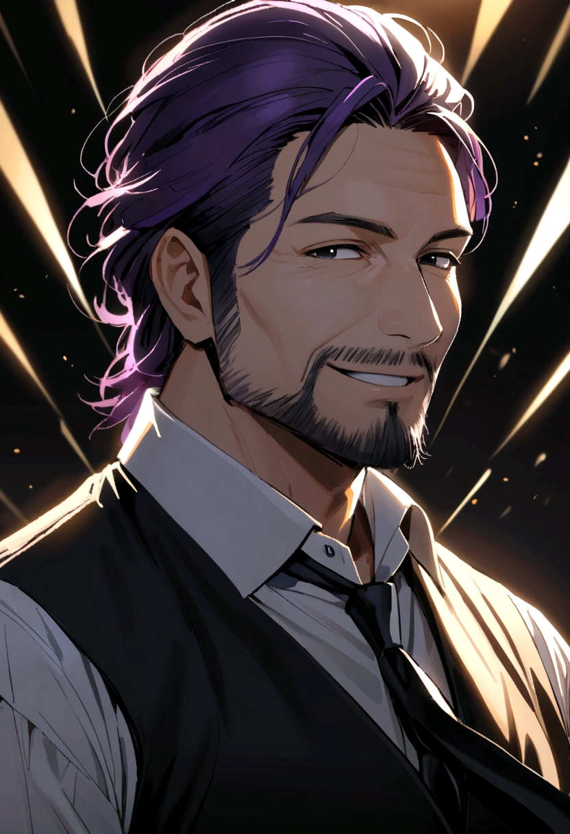 40 years old man, short purple hair parted in two, black eyes, sly eyes, smiling mouth, black goatee and beard, wearing black long-sleeved vest, white shirt, black tie, gold buttons.
