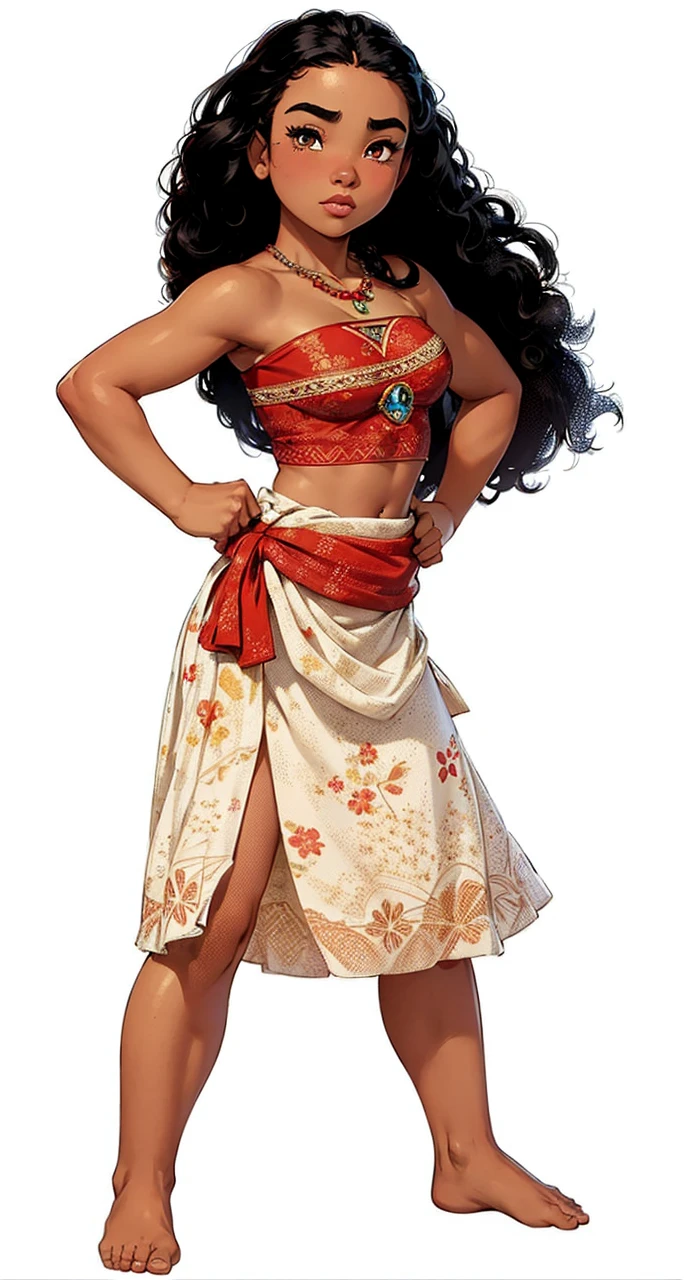 Create a high resolution full body image of Moana, Movie "Moana".  Extremely Realistic, very beautiful, sexy, big ass, thick legs, sensual, She must be portrayed standing, confident, with her hands on her hips, showing a courageous and adventurous expression.   Moana has long, wavy black hair, dark brown eyes, and an athletic build.   She wears a red top with traditional Polynesian patterns and a cream skirt made of tapa fabric, decorated with intricate designs and floral prints.   A red sash is tied around her waist.   Her necklace features a blue gemstone.   She is barefoot.