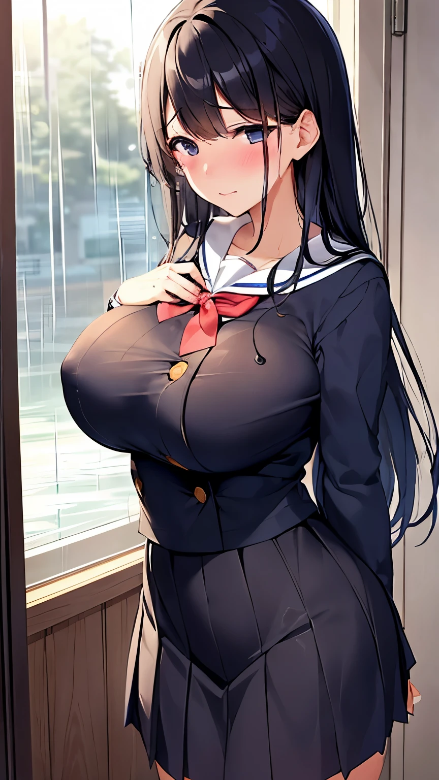high school girl、beautiful girl、Black Hair、Big breasted body type、、Navy blue pleated skirt、Sailor-style 、Flushed Cheeks、Moist eyes、Shy expression、The veranda on a rainy day、 atmosphere、Immoral scene、Sensual scene、Wet Hair、Wet Skin、Wet clothes、