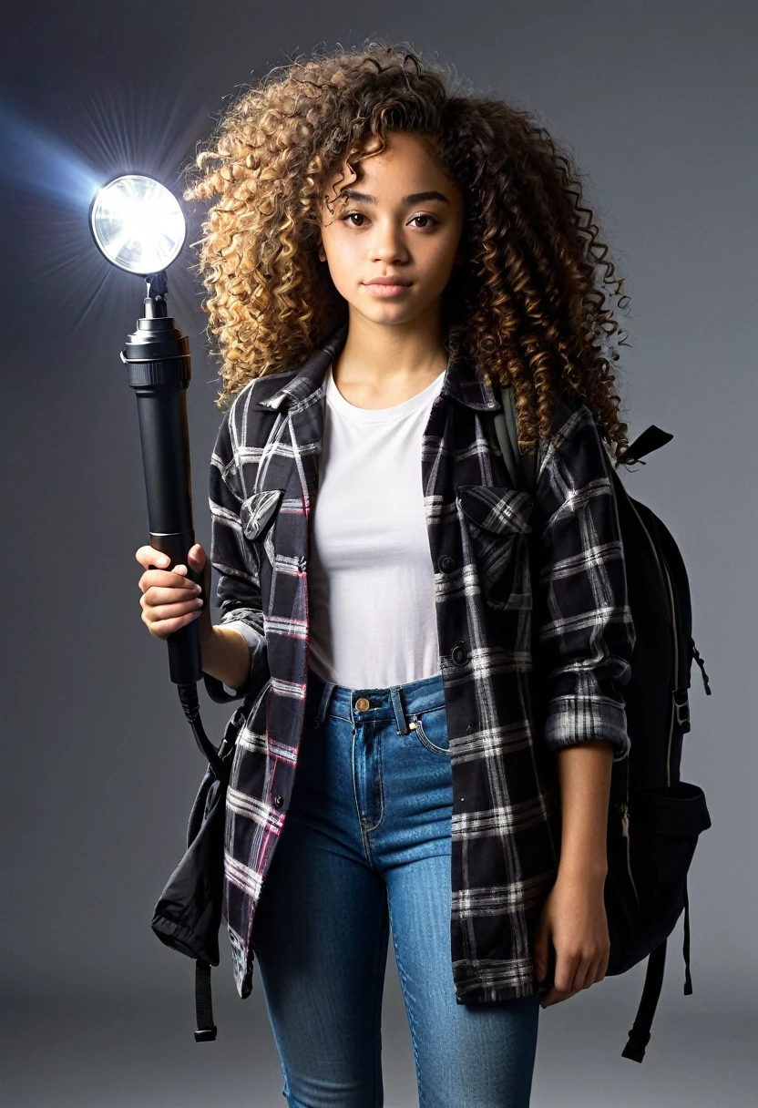 Create Julia, a teenager with curly hair, mulatto, is wearing a black t-shirt under a plaid coat, jeans, with a backpack and a flashlight in her hand