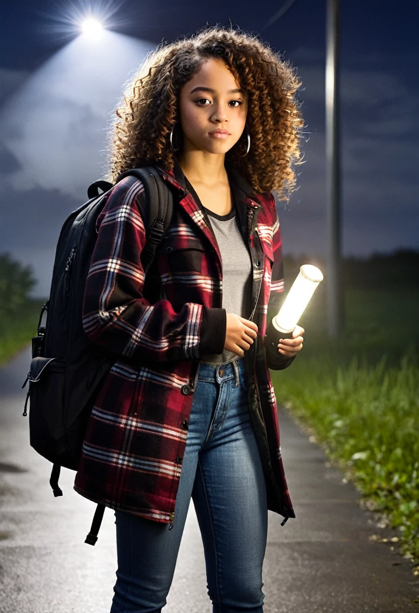 Create Julia, a ager with curly hair, mulatto, is wearing a black t-shirt under a plaid coat, jeans, with a backpack and a flashlight in her hand