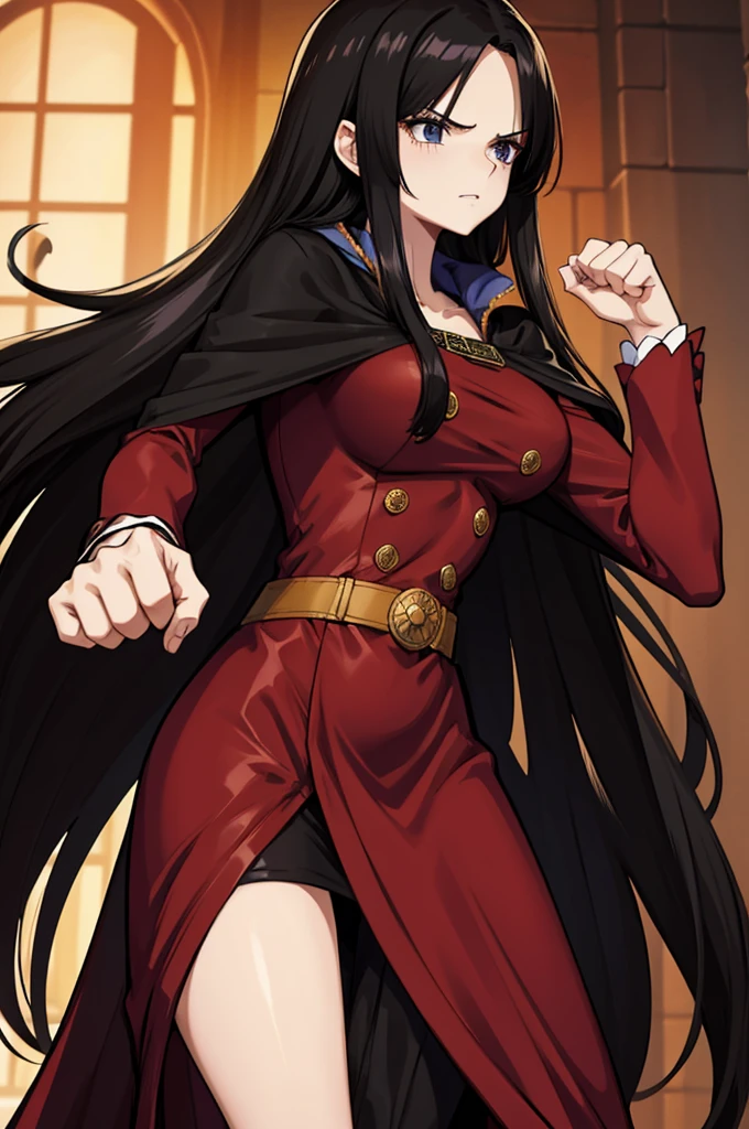 Tall long-haired woman in black cape and red clothing with arms down and clenched fists 