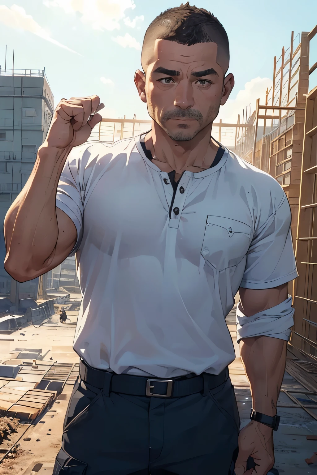 ((A 45-year-old middle-aged man working at a construction site))、((good looking))、、(((Construction site)))、((Topless))、,Short Hair、((buzzcut))、A little muscular、)、((Masculine))、Detailed facial expressions、(masterpiece),Highest quality,Excellent anatomy、Angle from the front