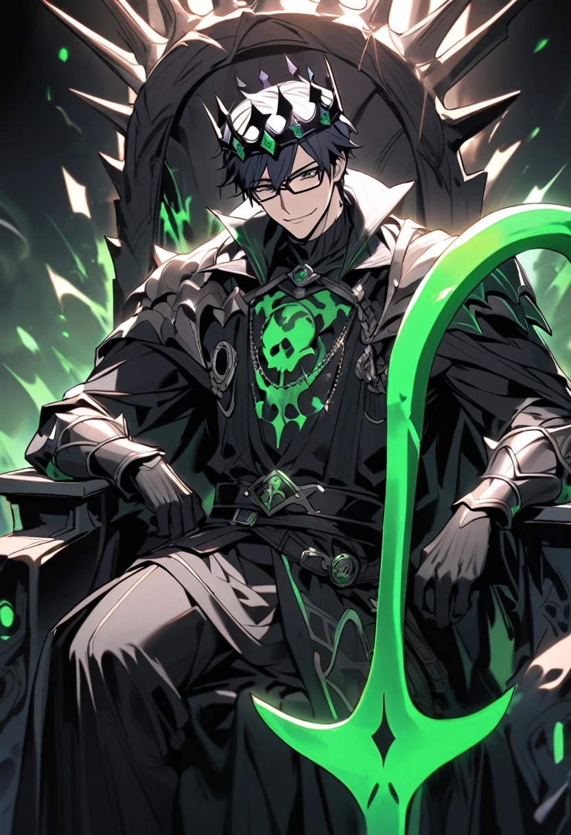 A man wearing glasses smiles mischievously. There was a black bone crown, a man with short hair, gray-black eyes, a warrior king outfit, bone armor, and a black robe, sitting on a skull throne. An enormous power swirled, black like poison, mixed with a dark green-black color. There was a king's crown and a big shiny ax next to it. A black ax drenched in a concentrated green-purple poison. black dark background