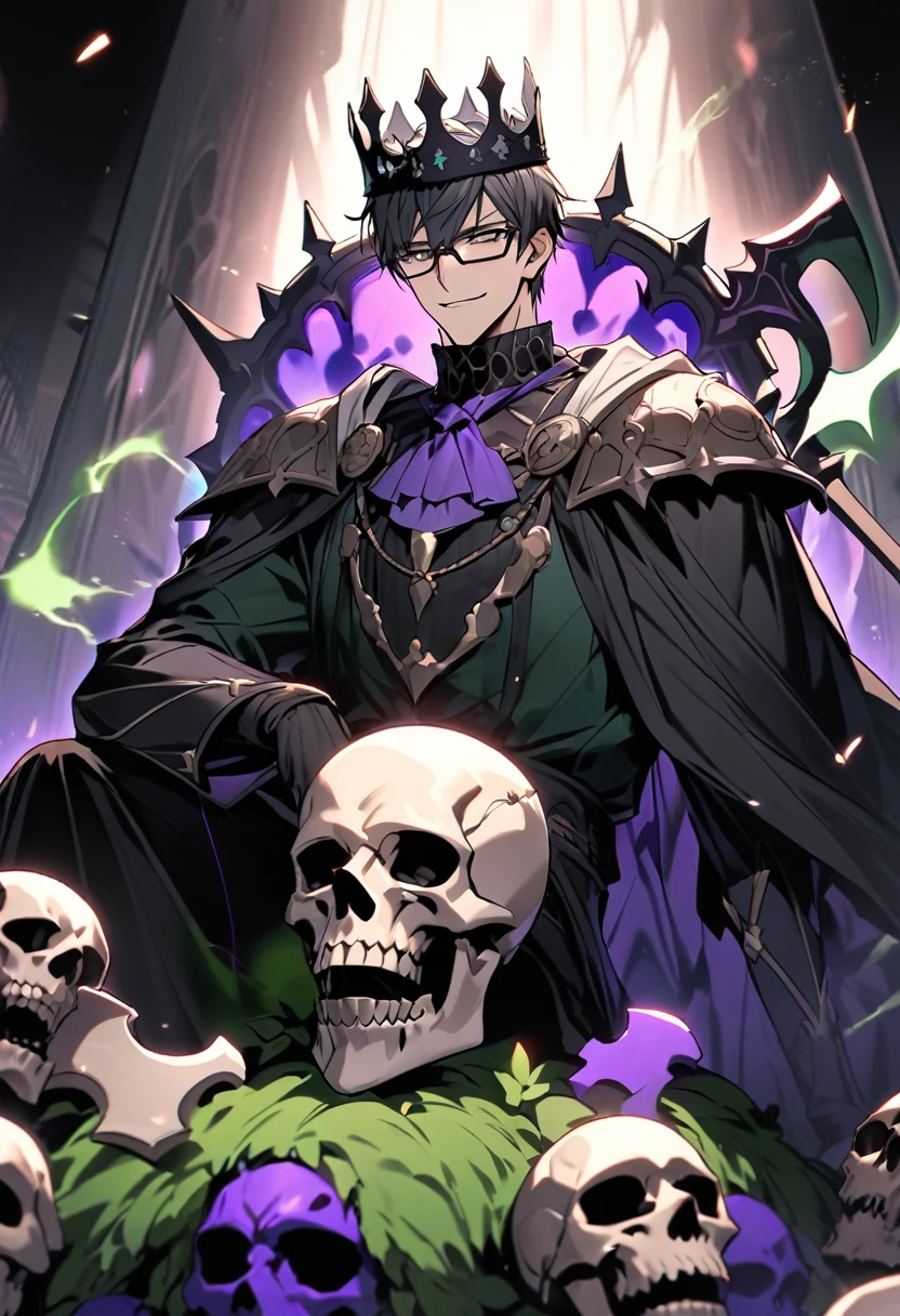 A man wearing glasses smiles mischievously. There was a black bone crown, a man with short hair, gray-black eyes, a warrior king outfit, bone armor, and a black robe, sitting on a skull throne. An enormous power swirled, black like poison, mixed with a dark green-black color. There was a king's crown and a big shiny ax next to it. A black ax drenched in a concentrated green-purple poison. black dark background