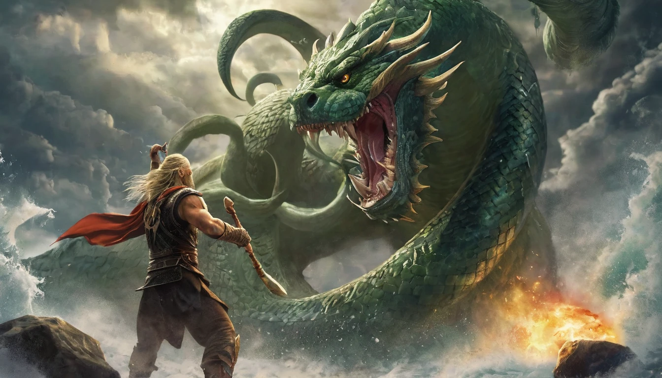 wallpaper，32k，Ragnarok（Ragnarök），fighting ，Thor, the god of thunder（Thor）Fighting the World Serpent Jörmungandr（jormungandr），Eventually most gods and creatures will die.，Norse mythology