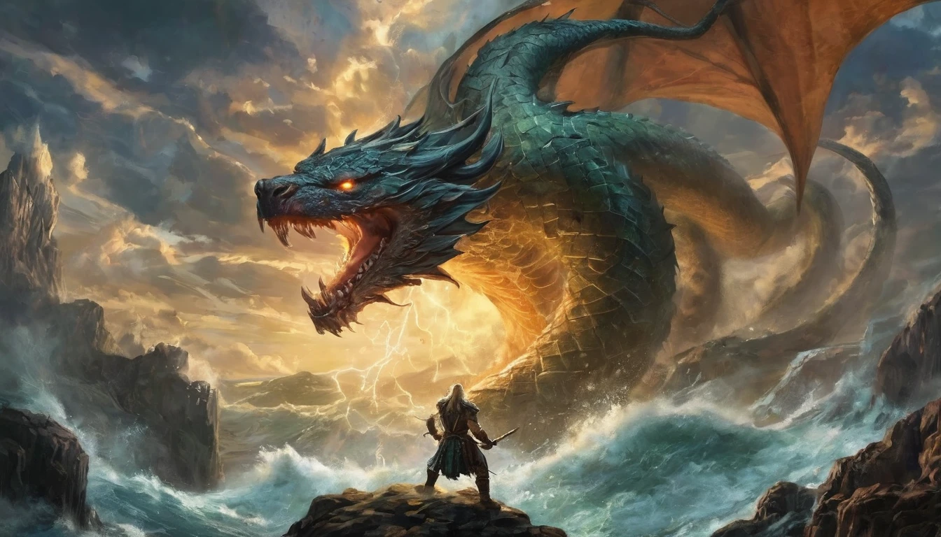 wallpaper，32k，Ragnarok（Ragnarök），fighting ，Thor, the god of thunder（Thor）Fighting the World Serpent Jörmungandr（jormungandr），Eventually most gods and creatures will die.，Norse mythology