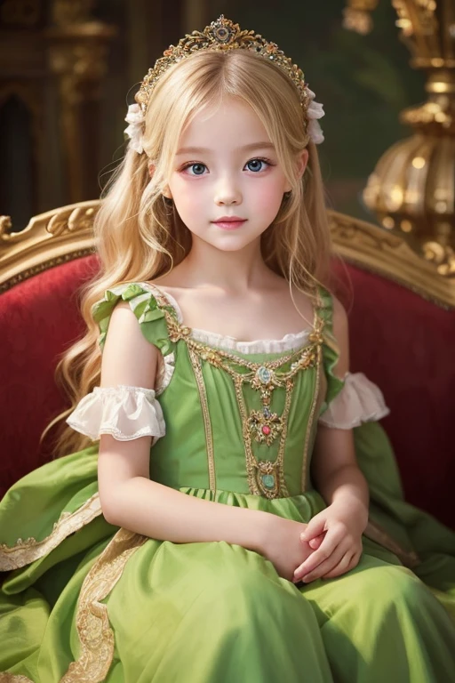 A 6--old utiful girl painted in an oil painting style reminiscent of an impressionist painting. She is fair-skinned and, With long blonde hair、She is wearing a gorgeous Rococo dress. The backdrop is a magnificent, gorgeous, cinematic palace.