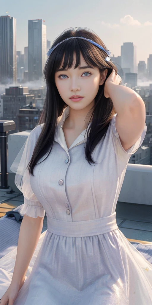 （1girll：1.3）， solo， （（（very vey very detailed face））），（（very detailed eyes and faces））），beatiful detailed eyes，Body parts__，offcial art，Unified 8k wallpaper，Super detailed，Beautiful and beautiful，big breasts beautiful，tmasterpiece，best qualtiy，primitive，tmasterpiece，ultra fine photos，best qualtiy，Ultra-high resolution，photorealistic realism，rays of sunshine，full-body portraits，stunningly beautiful，，dynamicposes，delicated face，Bigchest，Vibrant eyes，（From the front side）， Very detailed city roof background， Roof，looking over city，Detailed face，detailed complex busy background，untidy，opulent，milkyW，highly detailedskin，Realistic details of skin，visible pores，Clear focus，volume fog，8K  UHD，digital SLR camera，high qulity，filmgrain，White skin of the，photo-realism，DL，A huge metropolis of the dystopia of the future， Translucent purple clothes